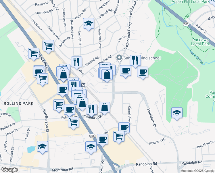 map of restaurants, bars, coffee shops, grocery stores, and more near 5720 Fishers Lane in Rockville