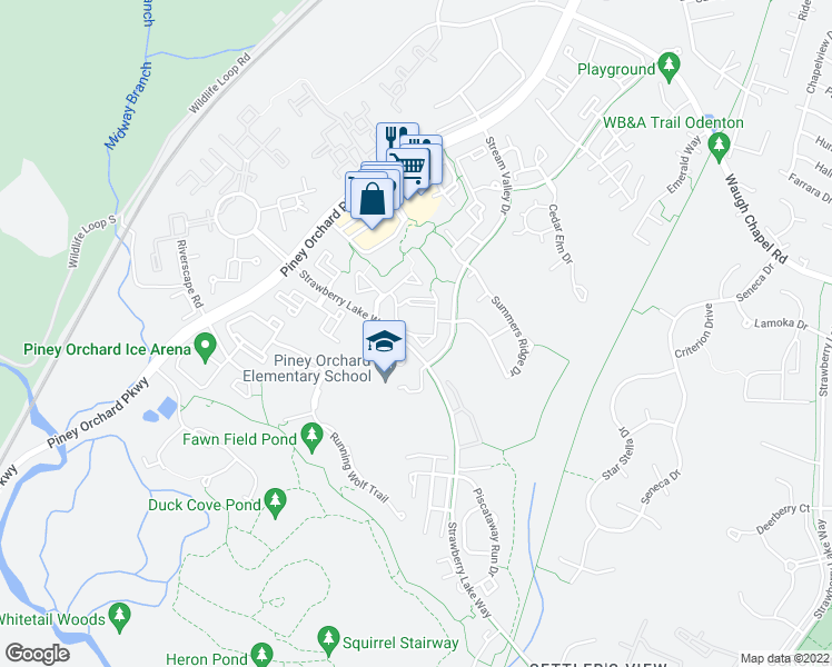 map of restaurants, bars, coffee shops, grocery stores, and more near 694 Winding Stream Way in Odenton