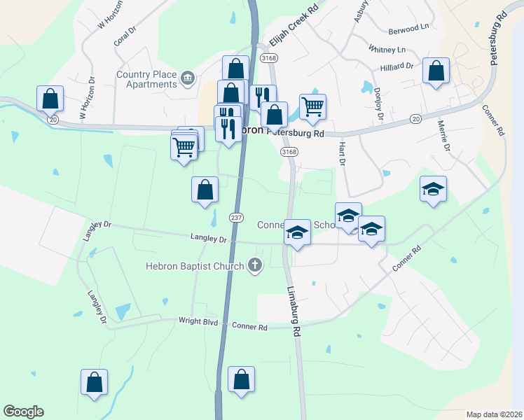 map of restaurants, bars, coffee shops, grocery stores, and more near 3175 Limaburg Road in Hebron