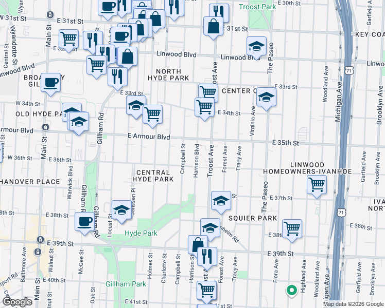 map of restaurants, bars, coffee shops, grocery stores, and more near 3501 Campbell Street in Kansas City
