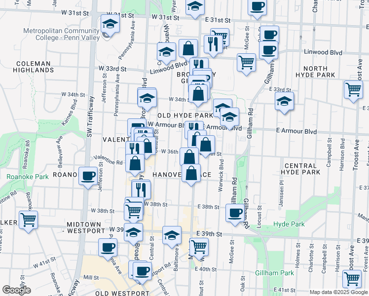 map of restaurants, bars, coffee shops, grocery stores, and more near 3520 Baltimore Avenue in Kansas City