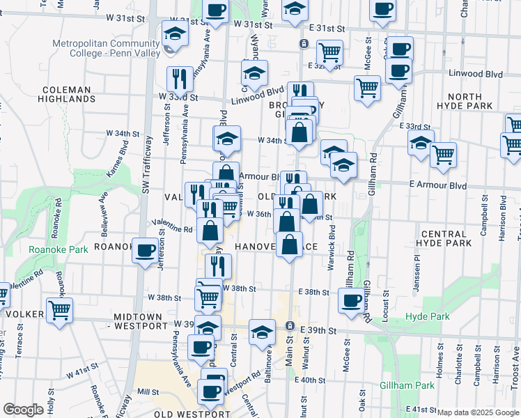 map of restaurants, bars, coffee shops, grocery stores, and more near 3525 Central Street in Kansas City
