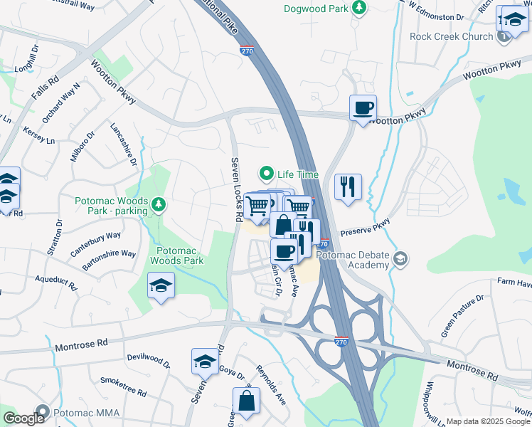 map of restaurants, bars, coffee shops, grocery stores, and more near Fortune Terrace in Potomac