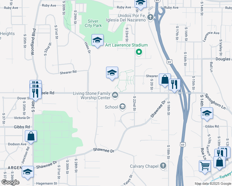 map of restaurants, bars, coffee shops, grocery stores, and more near 2400 Steele Road in Kansas City