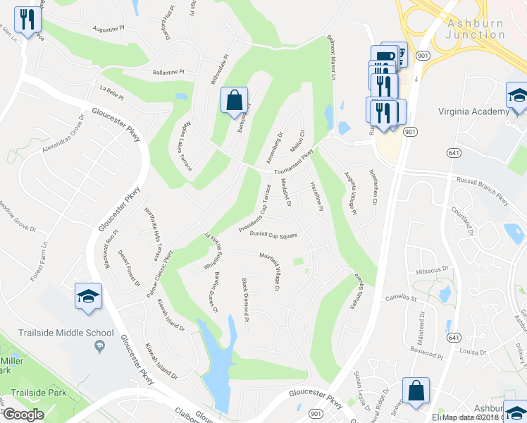 map of restaurants, bars, coffee shops, grocery stores, and more near 20001 Presidents Cup Terrace in Ashburn