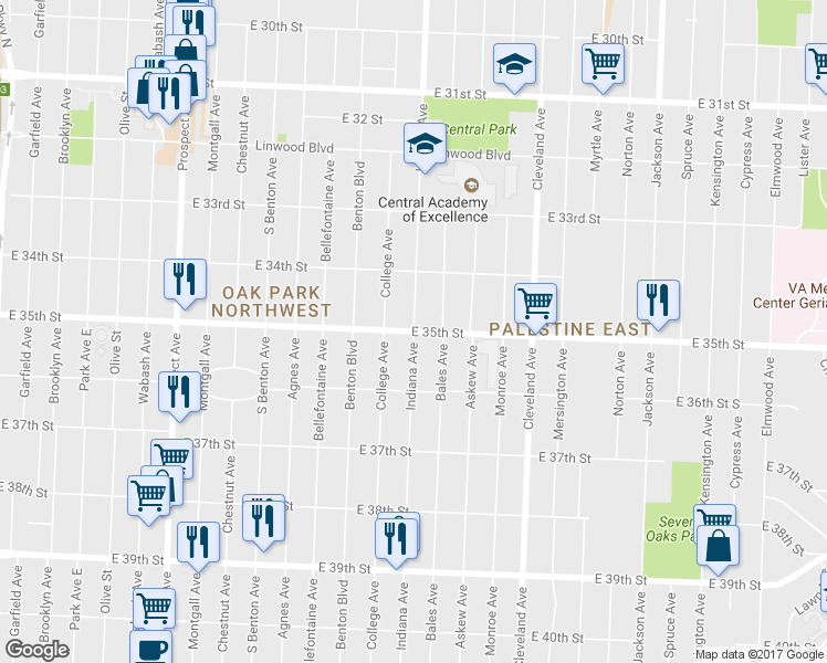 map of restaurants, bars, coffee shops, grocery stores, and more near Indiana Ave & E 35th St in Kansas City