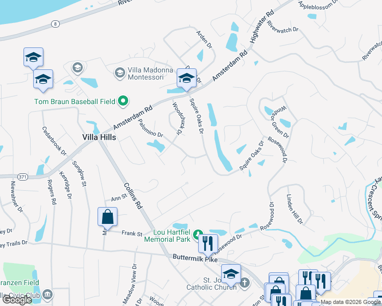 map of restaurants, bars, coffee shops, grocery stores, and more near 917 North Oak Drive in Villa Hills