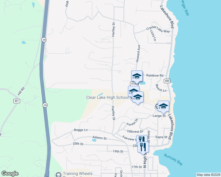 map of restaurants, bars, coffee shops, grocery stores, and more near 2523 Hartley Street in Lakeport