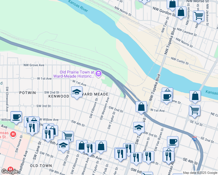 map of restaurants, bars, coffee shops, grocery stores, and more near 147 Northwest Western Avenue in Topeka