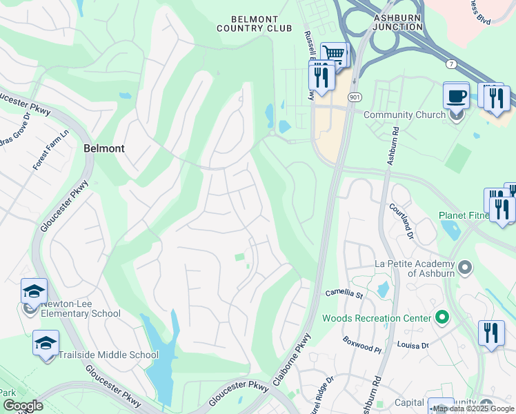 map of restaurants, bars, coffee shops, grocery stores, and more near 19989 Hazeltine Place in Ashburn