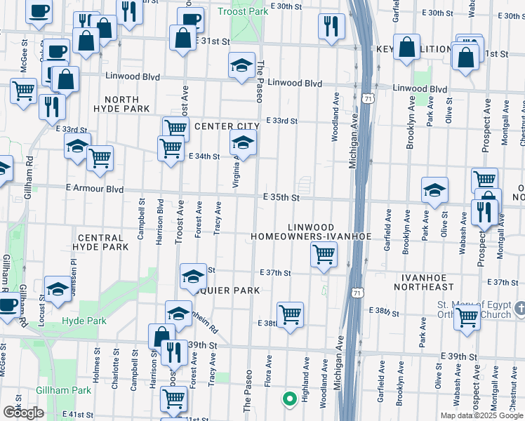 map of restaurants, bars, coffee shops, grocery stores, and more near 1415 East 35th Street in Kansas City