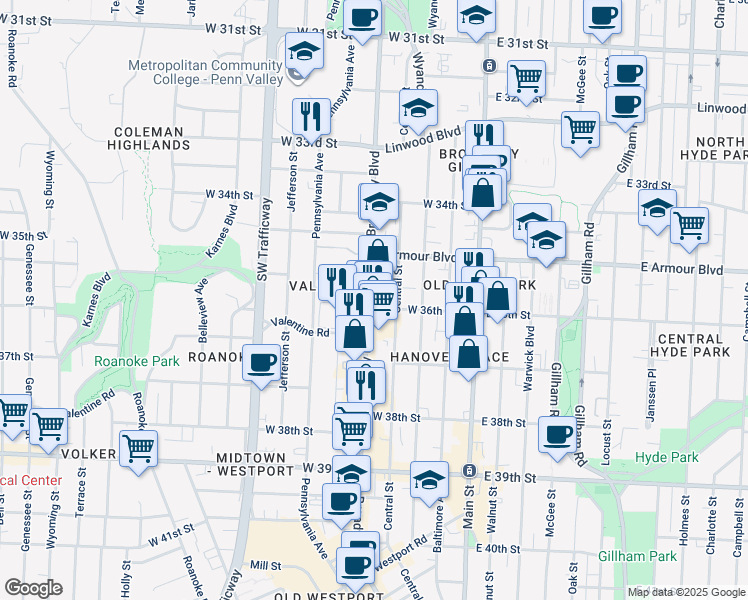 map of restaurants, bars, coffee shops, grocery stores, and more near 3535 Broadway Boulevard in Kansas City