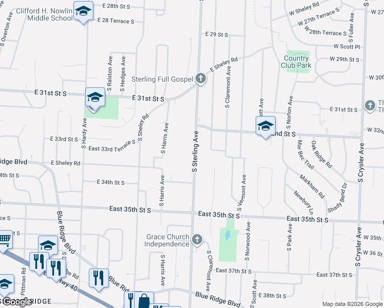 map of restaurants, bars, coffee shops, grocery stores, and more near 3302 South Sterling Avenue in Independence