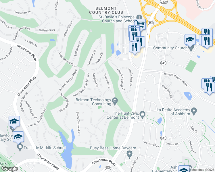 map of restaurants, bars, coffee shops, grocery stores, and more near 19989 Hazeltine Place in Ashburn