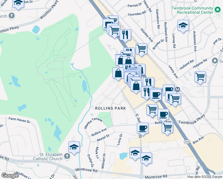 map of restaurants, bars, coffee shops, grocery stores, and more near 257 Congressional Lane in Rockville