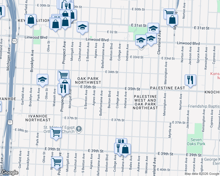 map of restaurants, bars, coffee shops, grocery stores, and more near E 35th St & Benton Blvd in Kansas City
