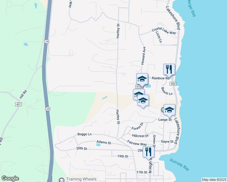 map of restaurants, bars, coffee shops, grocery stores, and more near 2523 Hartley Street in Lakeport