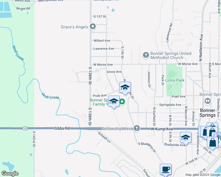 map of restaurants, bars, coffee shops, grocery stores, and more near 2076 South 137 Street in Bonner Springs