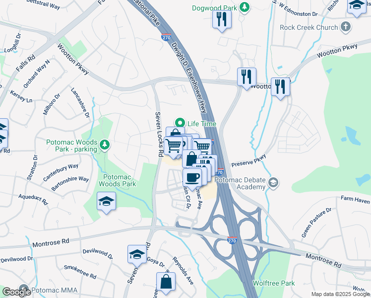 map of restaurants, bars, coffee shops, grocery stores, and more near 302 Fortune Terrace in Rockville