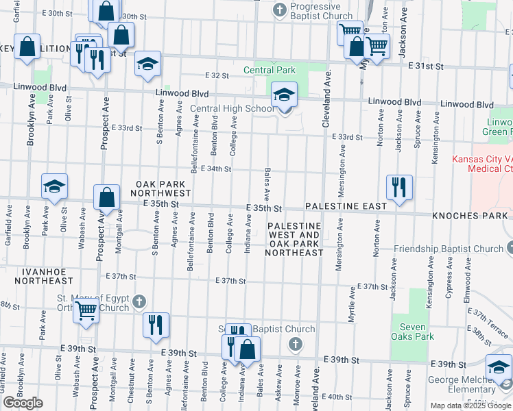 map of restaurants, bars, coffee shops, grocery stores, and more near 3408 East 35th Street in Kansas City