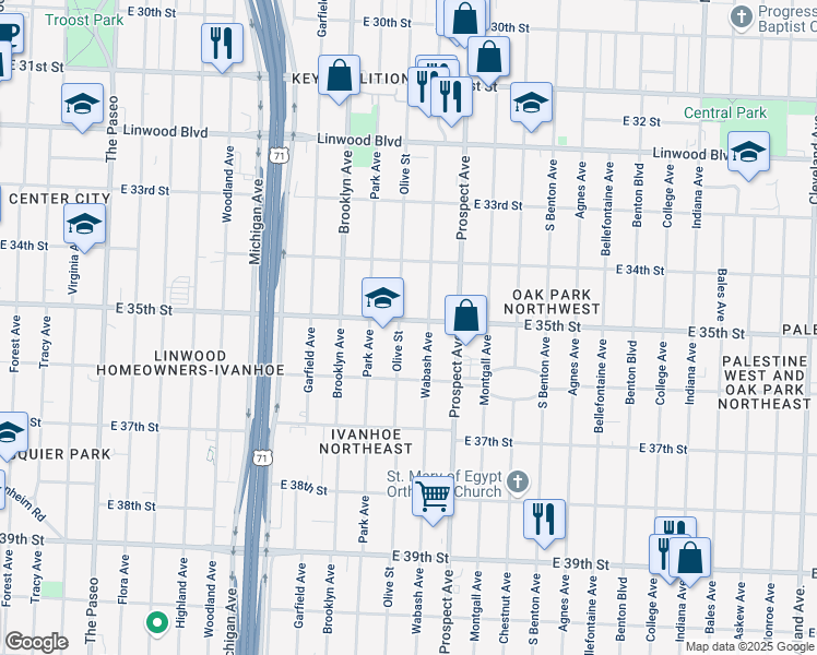 map of restaurants, bars, coffee shops, grocery stores, and more near 3439 Olive Street in Kansas City