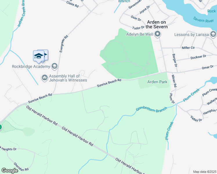 map of restaurants, bars, coffee shops, grocery stores, and more near 1123 Sunrise Beach Road in Crownsville