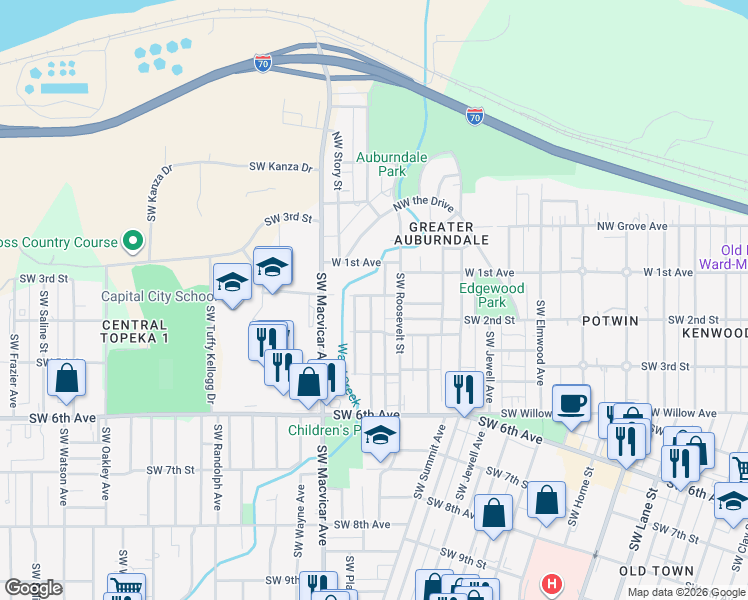 map of restaurants, bars, coffee shops, grocery stores, and more near 2400 Southwest 2nd Street in Topeka