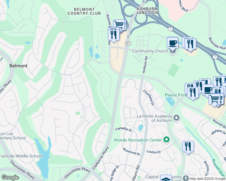 map of restaurants, bars, coffee shops, grocery stores, and more near 19956 Interlachen Circle in Ashburn
