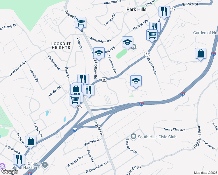 map of restaurants, bars, coffee shops, grocery stores, and more near 900 Wright Summit in Covington