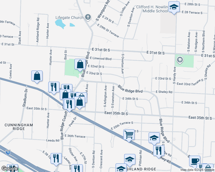 map of restaurants, bars, coffee shops, grocery stores, and more near 3335 Blue Ridge Boulevard in Independence