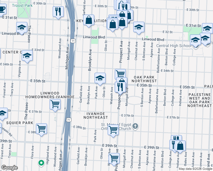 map of restaurants, bars, coffee shops, grocery stores, and more near 3439 Olive Street in Kansas City