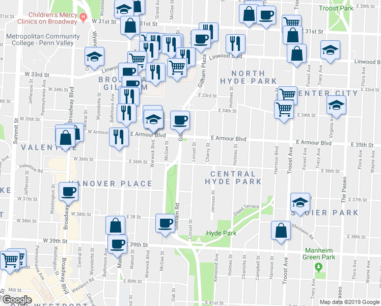 map of restaurants, bars, coffee shops, grocery stores, and more near 3511 Locust Street in Kansas City
