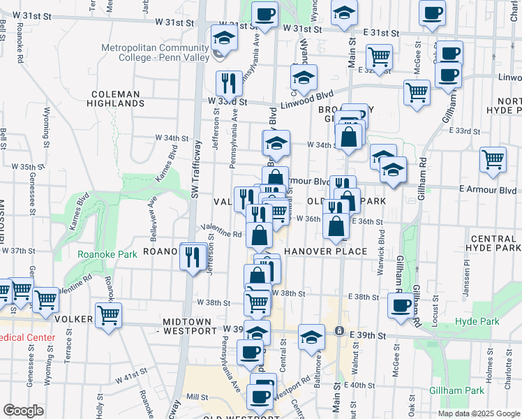 map of restaurants, bars, coffee shops, grocery stores, and more near 441 Knickerbocker Place in Kansas City
