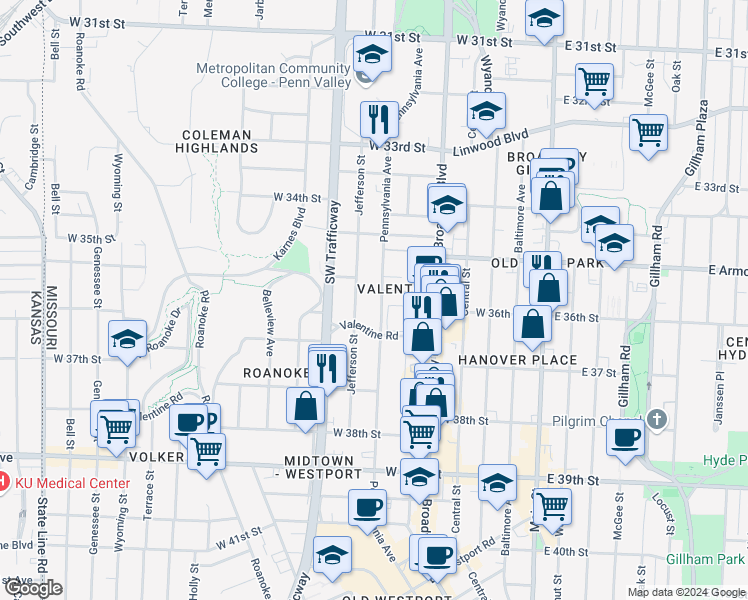 map of restaurants, bars, coffee shops, grocery stores, and more near 3542 Pennsylvania Avenue in Kansas City