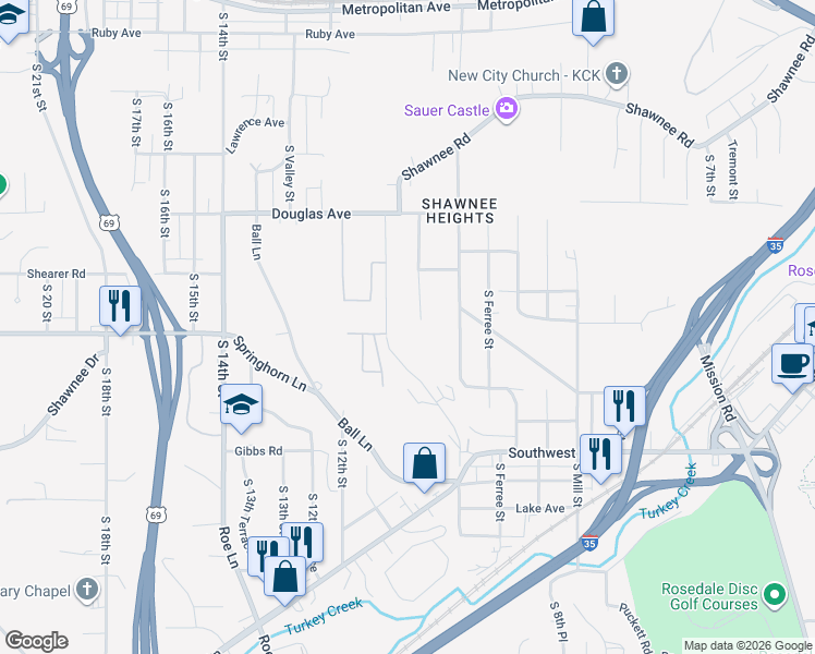 map of restaurants, bars, coffee shops, grocery stores, and more near 2031 South 10th Terrace in Kansas City