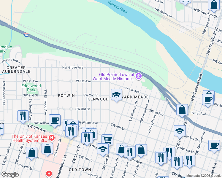 map of restaurants, bars, coffee shops, grocery stores, and more near 107 Southwest Quinton Avenue in Topeka