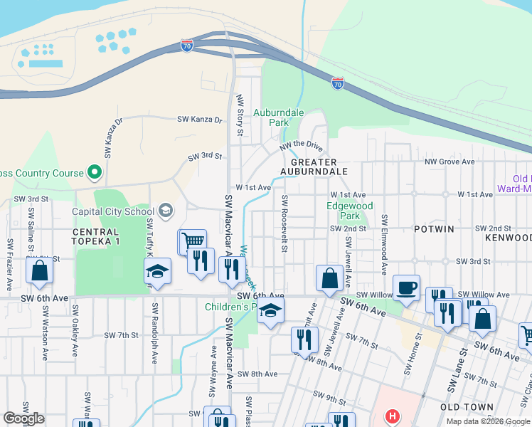 map of restaurants, bars, coffee shops, grocery stores, and more near 2400 Southwest 2nd Street in Topeka