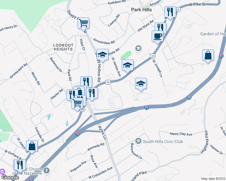 map of restaurants, bars, coffee shops, grocery stores, and more near 900 Wright Summit in Covington