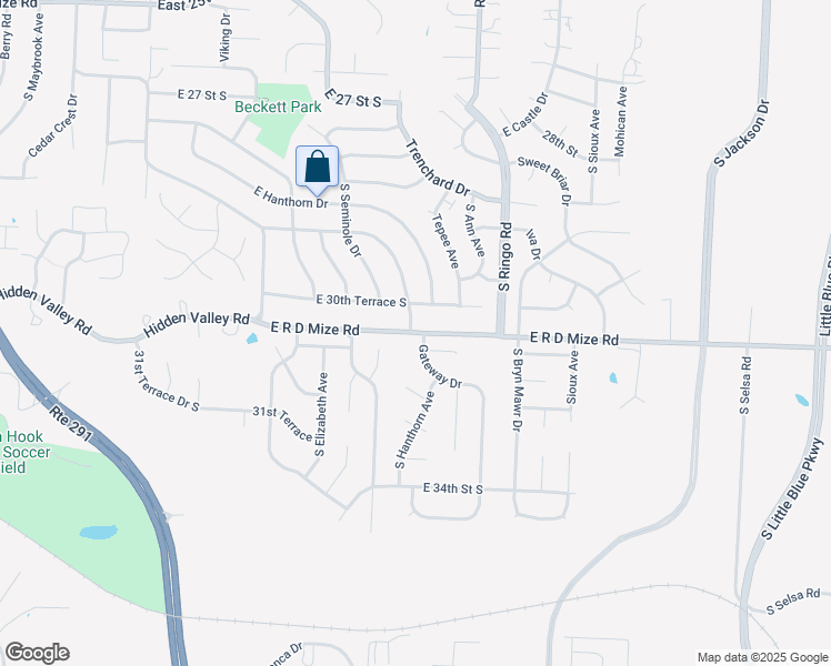 map of restaurants, bars, coffee shops, grocery stores, and more near 18949 East R D Mize Road in Independence