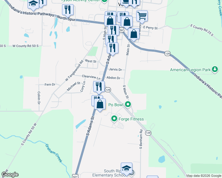 map of restaurants, bars, coffee shops, grocery stores, and more near 926 Indiana 129 in Versailles