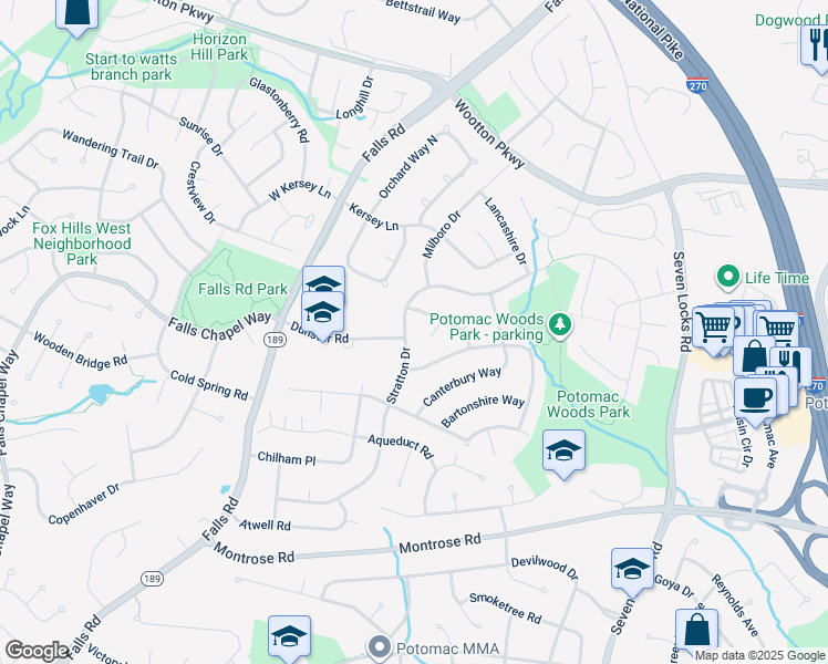 map of restaurants, bars, coffee shops, grocery stores, and more near 2190 Stratton Drive in Potomac