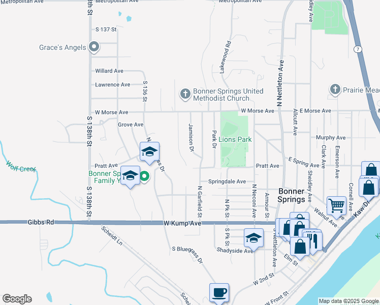 map of restaurants, bars, coffee shops, grocery stores, and more near 420 Jamison Drive in Bonner Springs