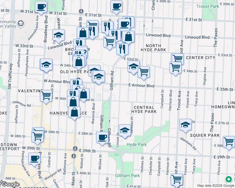 map of restaurants, bars, coffee shops, grocery stores, and more near 3526 Locust St in Kansas City