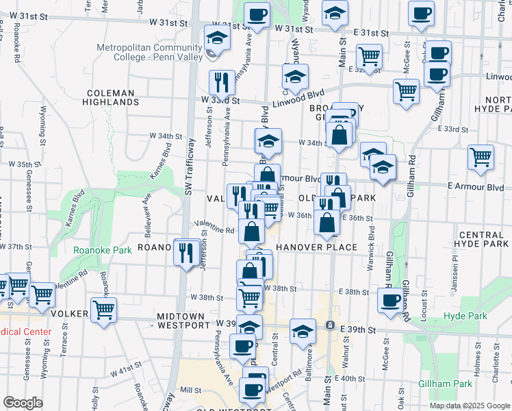 map of restaurants, bars, coffee shops, grocery stores, and more near 3560 Broadway Boulevard in Kansas City