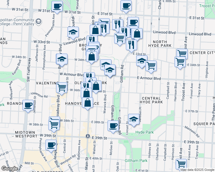 map of restaurants, bars, coffee shops, grocery stores, and more near 3527 Warwick Boulevard in Kansas City
