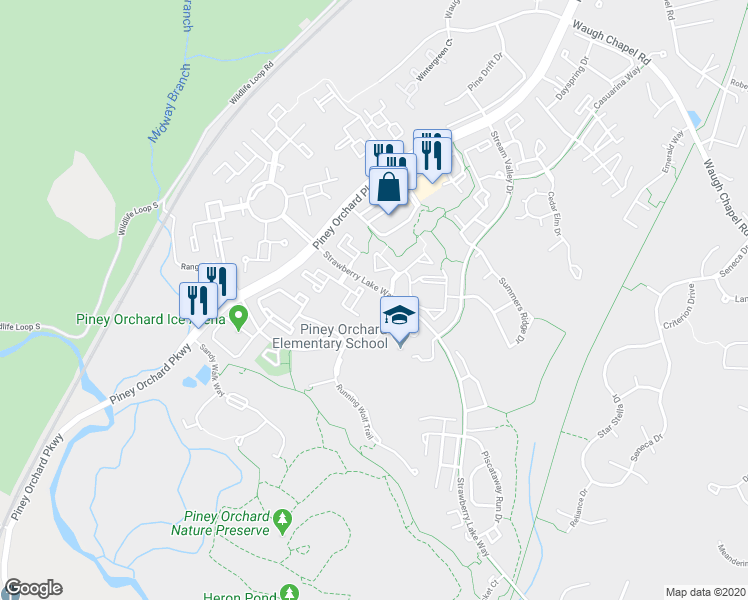 map of restaurants, bars, coffee shops, grocery stores, and more near 2496 Amber Orchard Court in Odenton