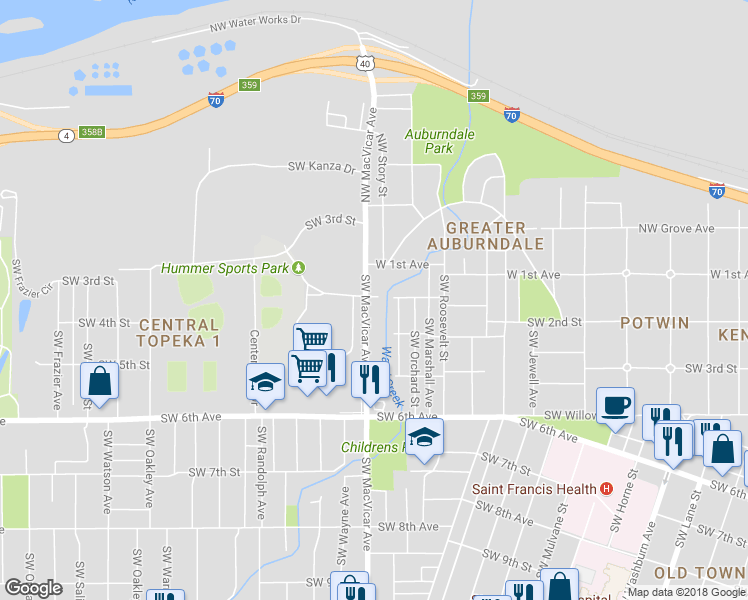 map of restaurants, bars, coffee shops, grocery stores, and more near 200 Southwest Macvicar Avenue in Topeka