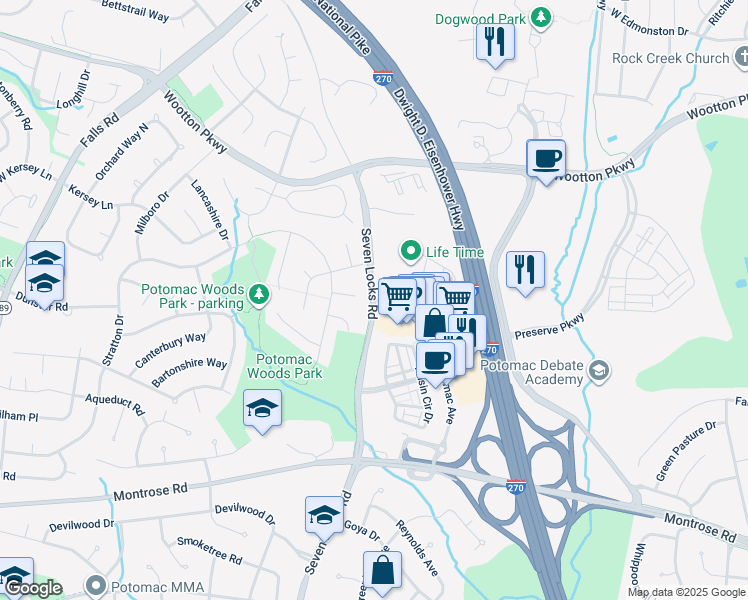 map of restaurants, bars, coffee shops, grocery stores, and more near 204 Fortune Terrace in Rockville