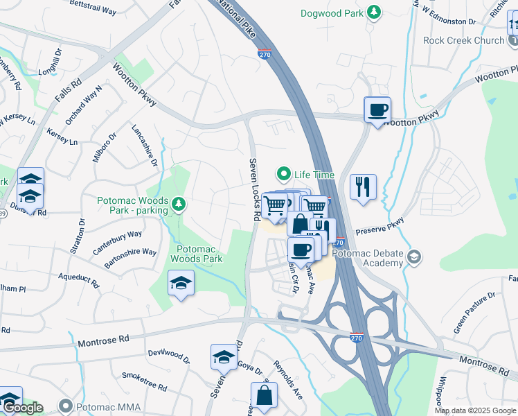 map of restaurants, bars, coffee shops, grocery stores, and more near 302 Fortune Terrace in Rockville