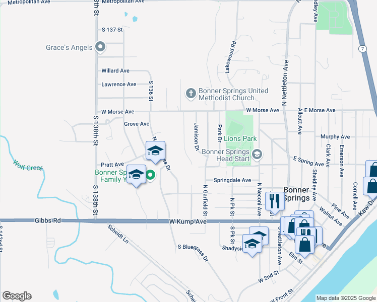map of restaurants, bars, coffee shops, grocery stores, and more near 427 Arthur Avenue in Bonner Springs